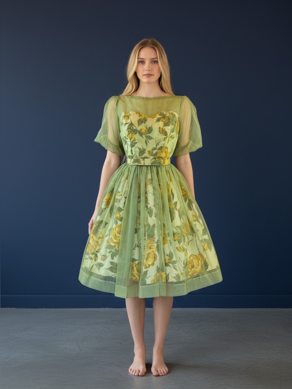 1950s Joyce Palmer Romantic Rose Floral Illusion Dress S